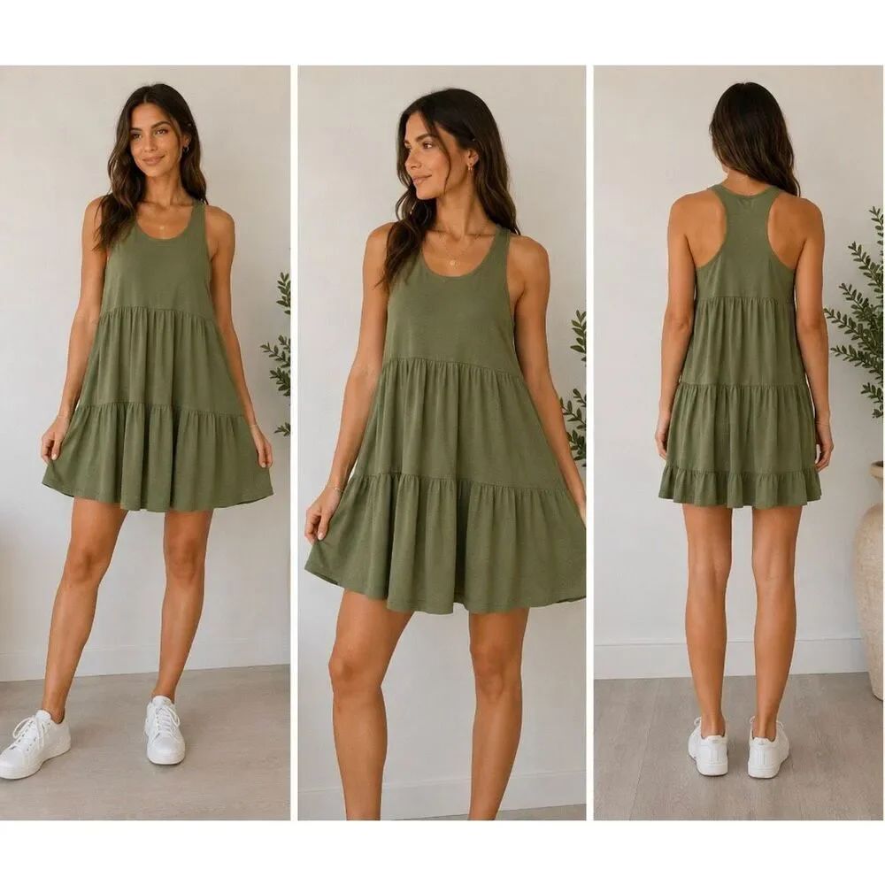 H&M Olive Green Tiered Racerback Dress Size M 100% Cotton Sleeveless Casual